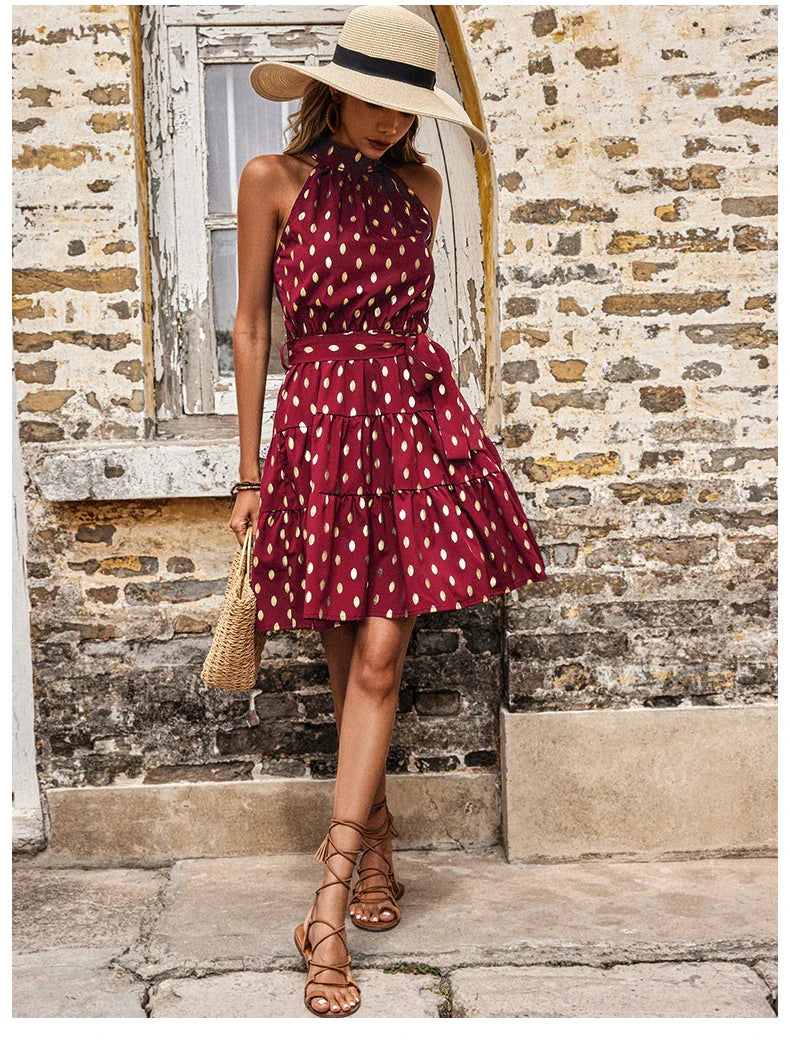 Sleeveless Dot Print Midi Dress With A Line Silhouette