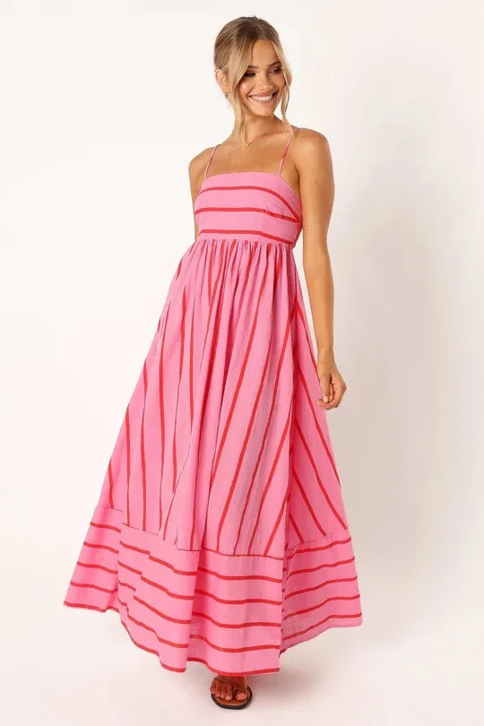 Bohemian Striped Maxi Dress With Hanging Straps For Women