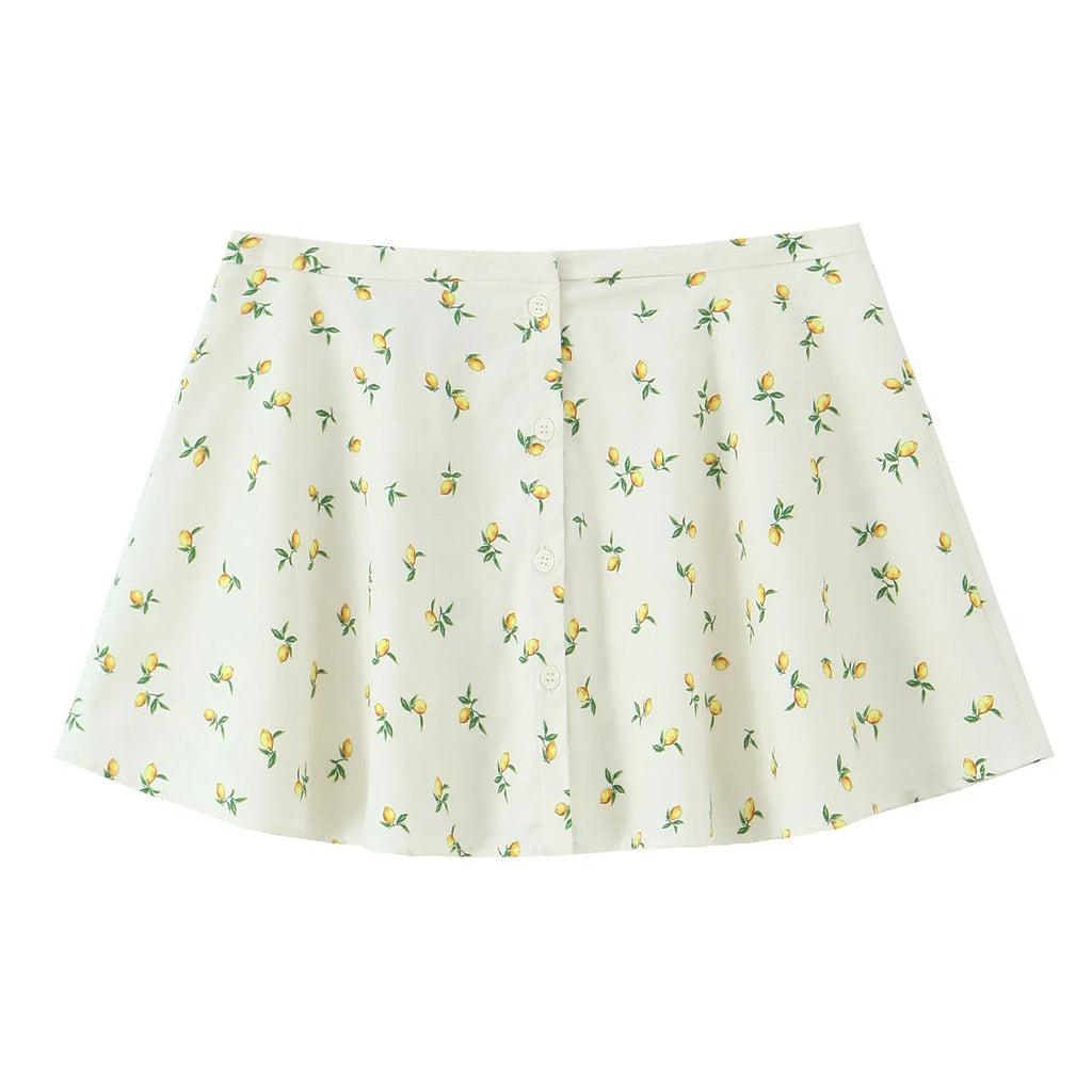 Casual Summer Two Piece Skirt Set for Women Lemon Print Backless Hanging Collar Tank Top with A-Line Mini Skirt Sleeveless Short Top