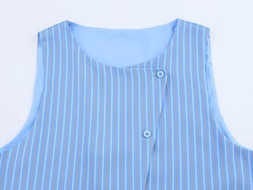 Asymmetric Striped Vest Pants Suit for Women with Round Neck Sleeveless Top and Elastic Waist Pants, Casual Chic Outfit for Spring and Summer