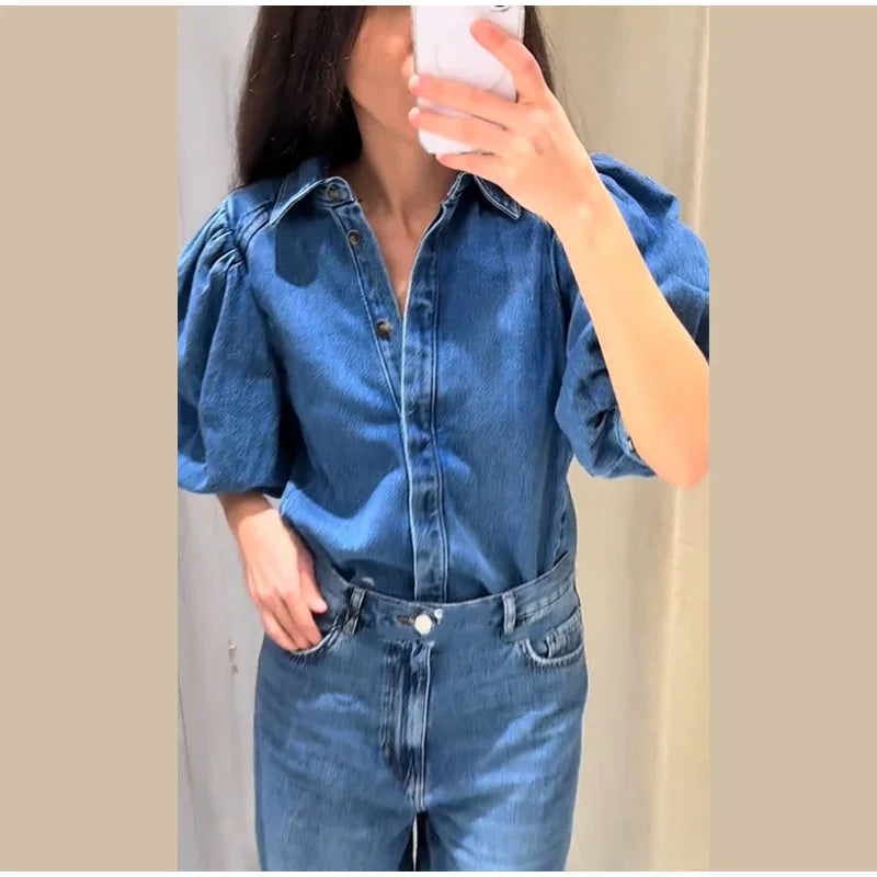 Street Denim Women's Puff Sleeve Shirt Solid Color Single Breasted Pleated Blouse Casual Half Sleeve Top for Spring and Summer