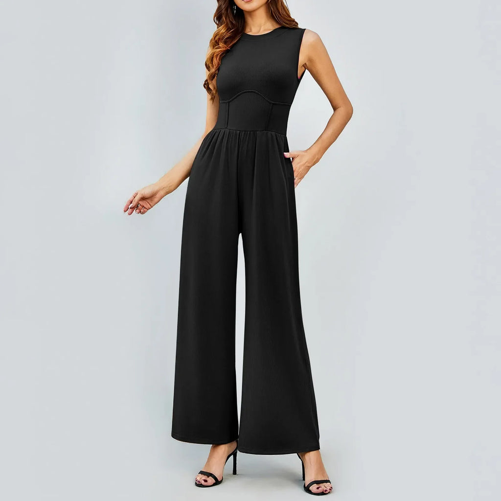 Women Sleeveless High Neck Ribbed Tank Top Jumpsuit Wide Leg Pants Romper with Tummy Control and High Waist Casual Summer Outfit