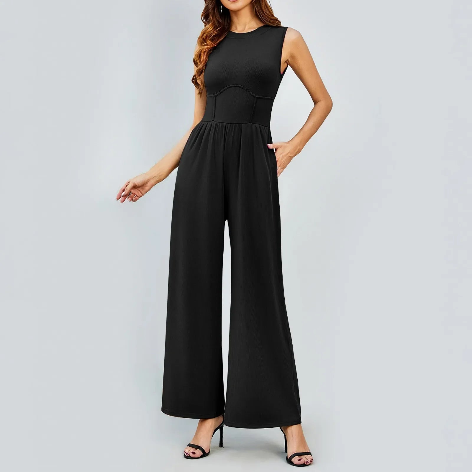Women Sleeveless High Neck Ribbed Tank Top Jumpsuit Wide Leg Pants Romper with Tummy Control and High Waist Casual Summer Outfit