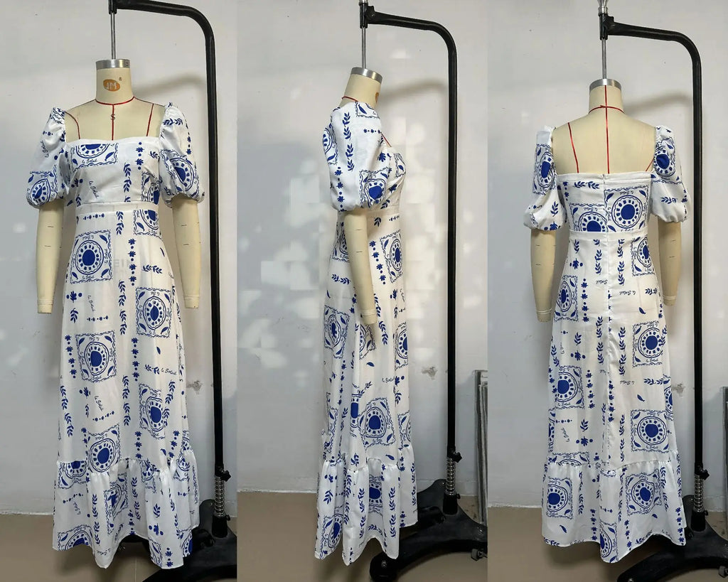 Bohemian Printed Lantern Sleeve Maxi Dress With Collar