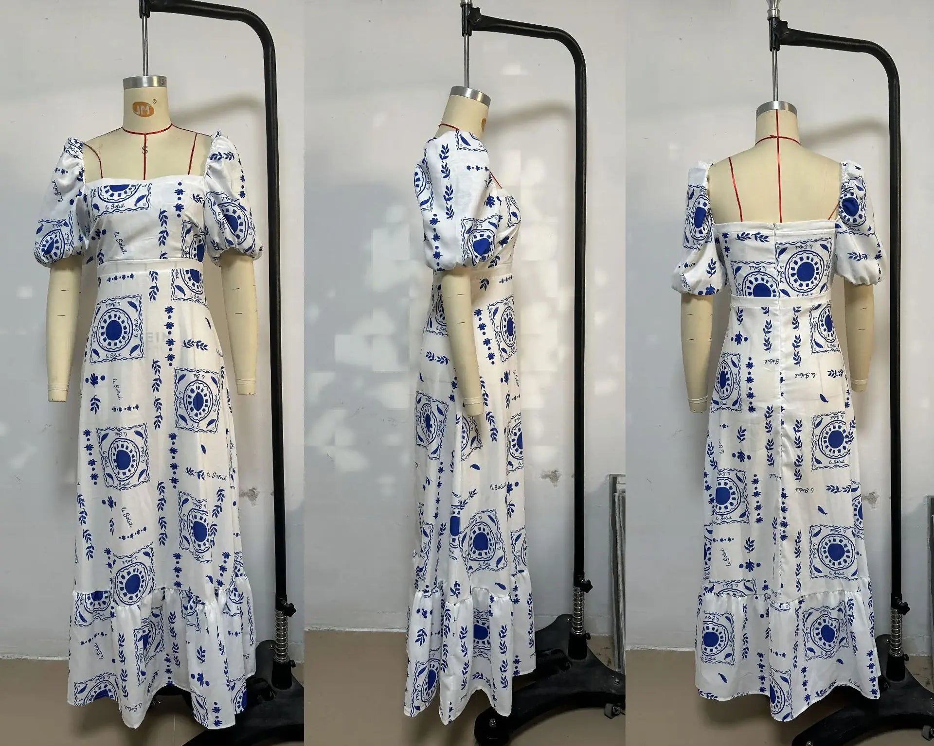 Bohemian Printed Lantern Sleeve Maxi Dress With Collar