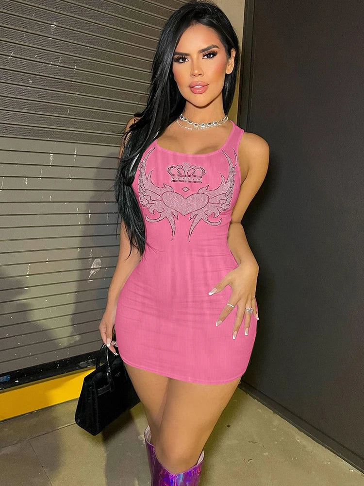 Pink Sequin Sleeveless Mini Dress For Women Party Streetwear