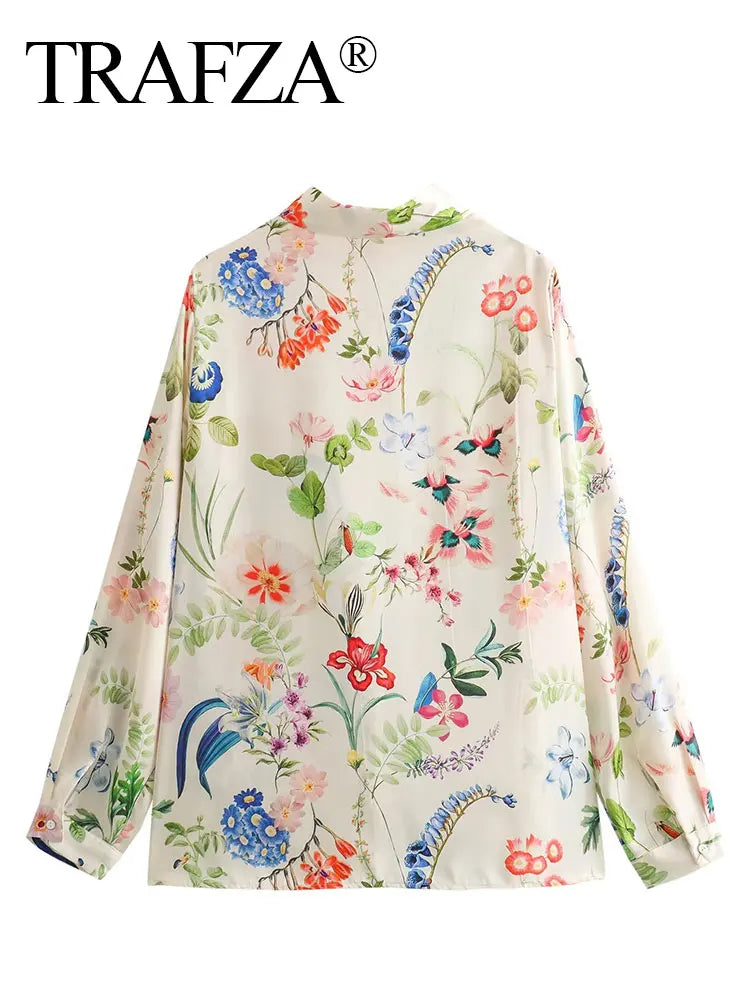 Elegant Women Floral Print Lapel Blouse Single Breasted Long Sleeve Casual Chic Top