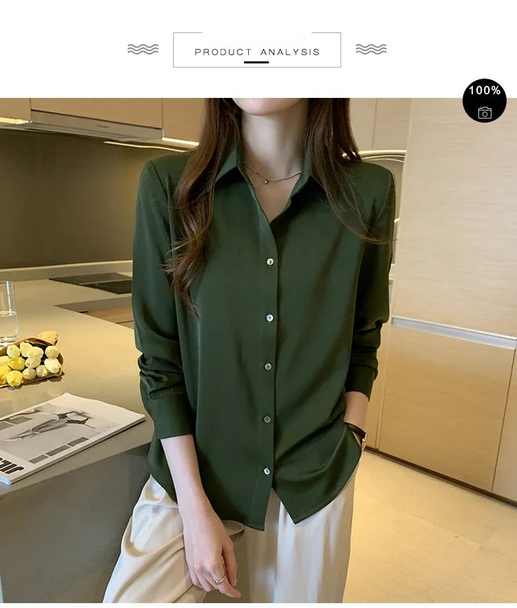 Elegant Satin Long Sleeve Blouse for Women Casual Office Shirt Solid White Basic Top