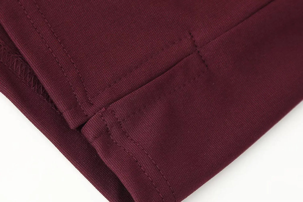 Casual Chic Red Women Elastic Suit with Long Sleeve O Neck Slim Top and High Waist Wide Leg Pants Fashion Set