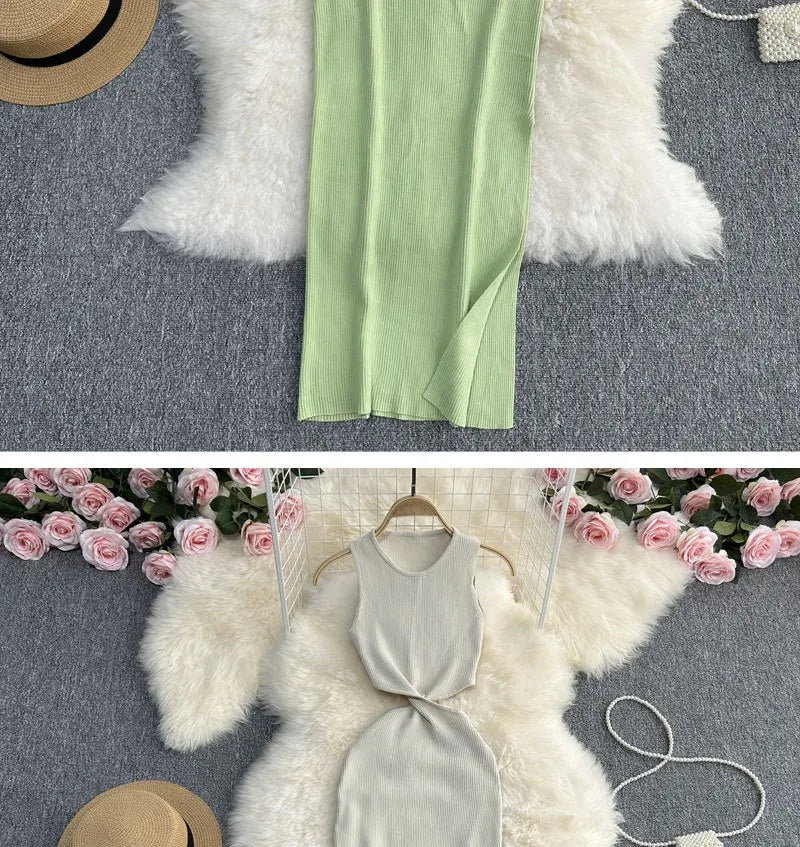 Knot Hollow Out Waist Knitted Bodycon Maxi Dress For Women