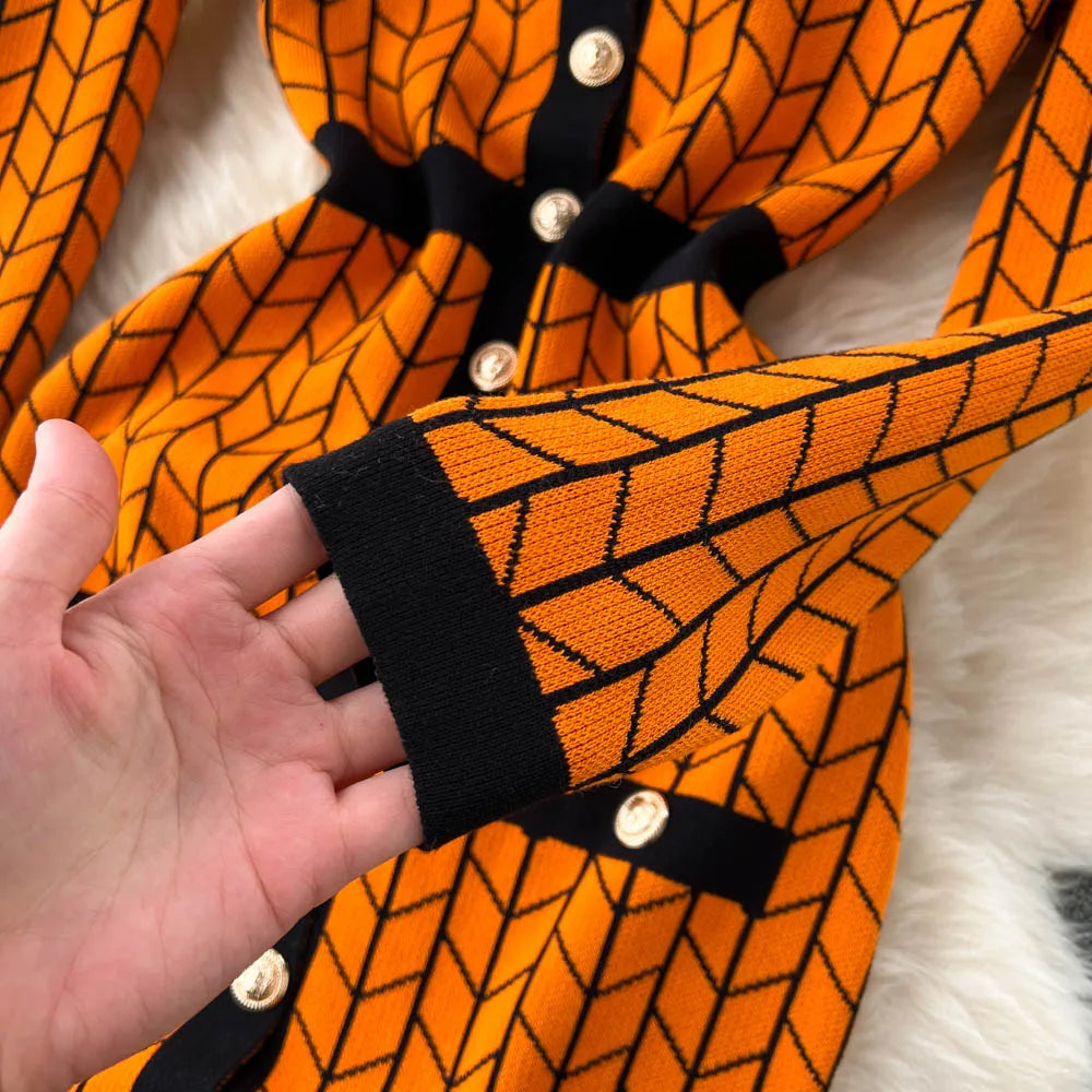 Autumn Plaid Knit Dress Women V Neck Elastic Waist Midi