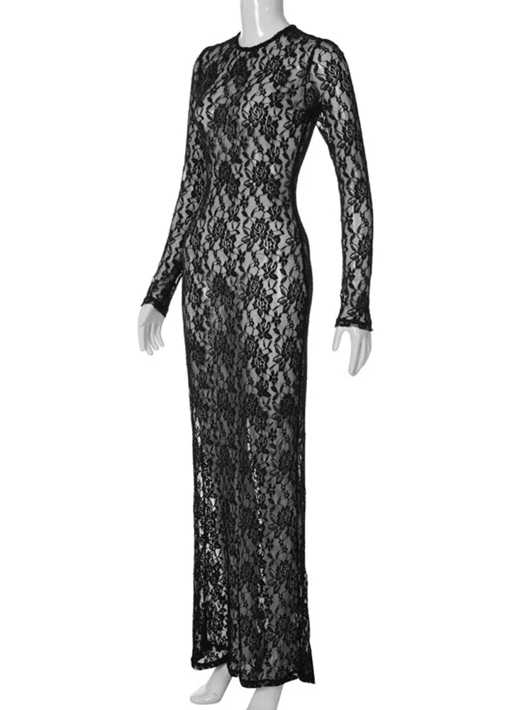 Floral Print Sheer Maxi Dress Long Sleeve Bodycon Evening