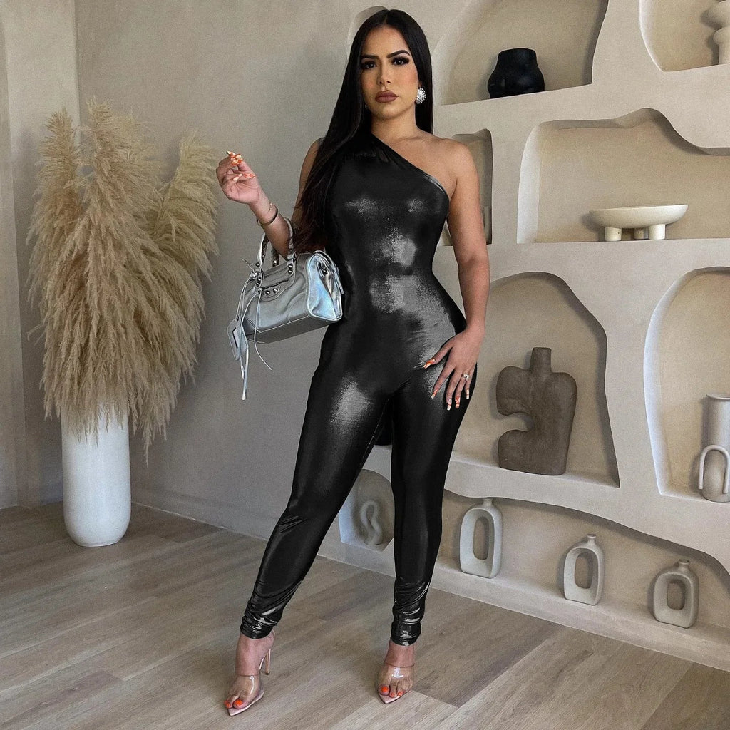 Elegant Shiny Metallic One Shoulder Sleeveless Jumpsuit Romper for Women Party Night Club Outfit
