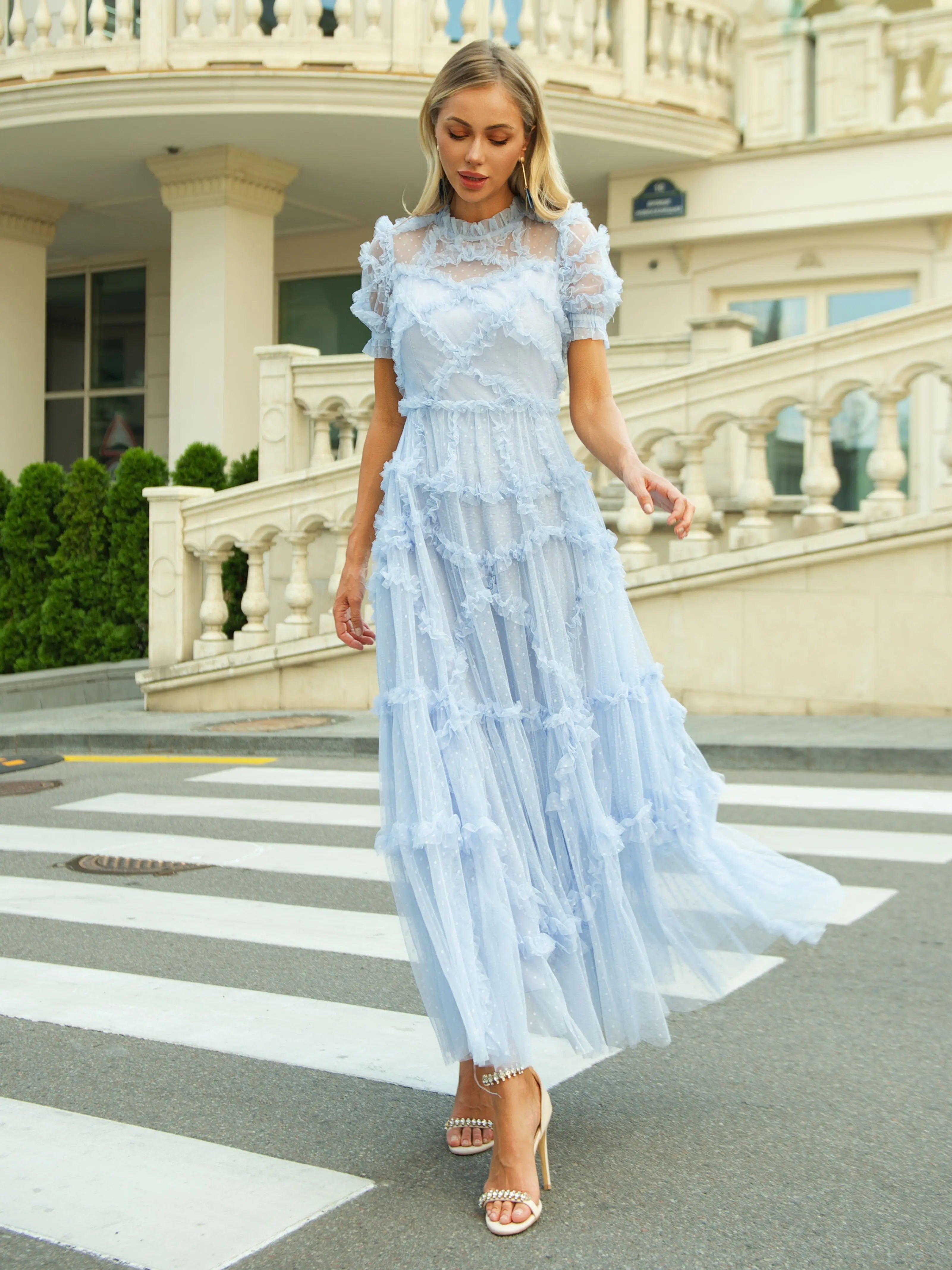 Elegant Ruffle Lace Maxi Dress for Evening Purple White Silk