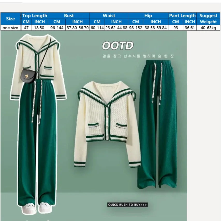 Preppy Style Knitted Two Piece Set with Sailor Collar Sweater and Elastic Pants for Women's Korean Sportswear
