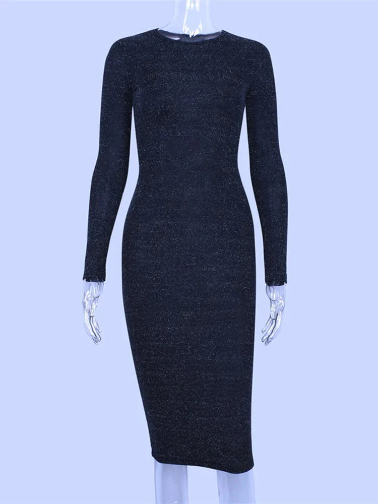 Shiny Long Sleeve High Waist Bodycon Midi Dress Party