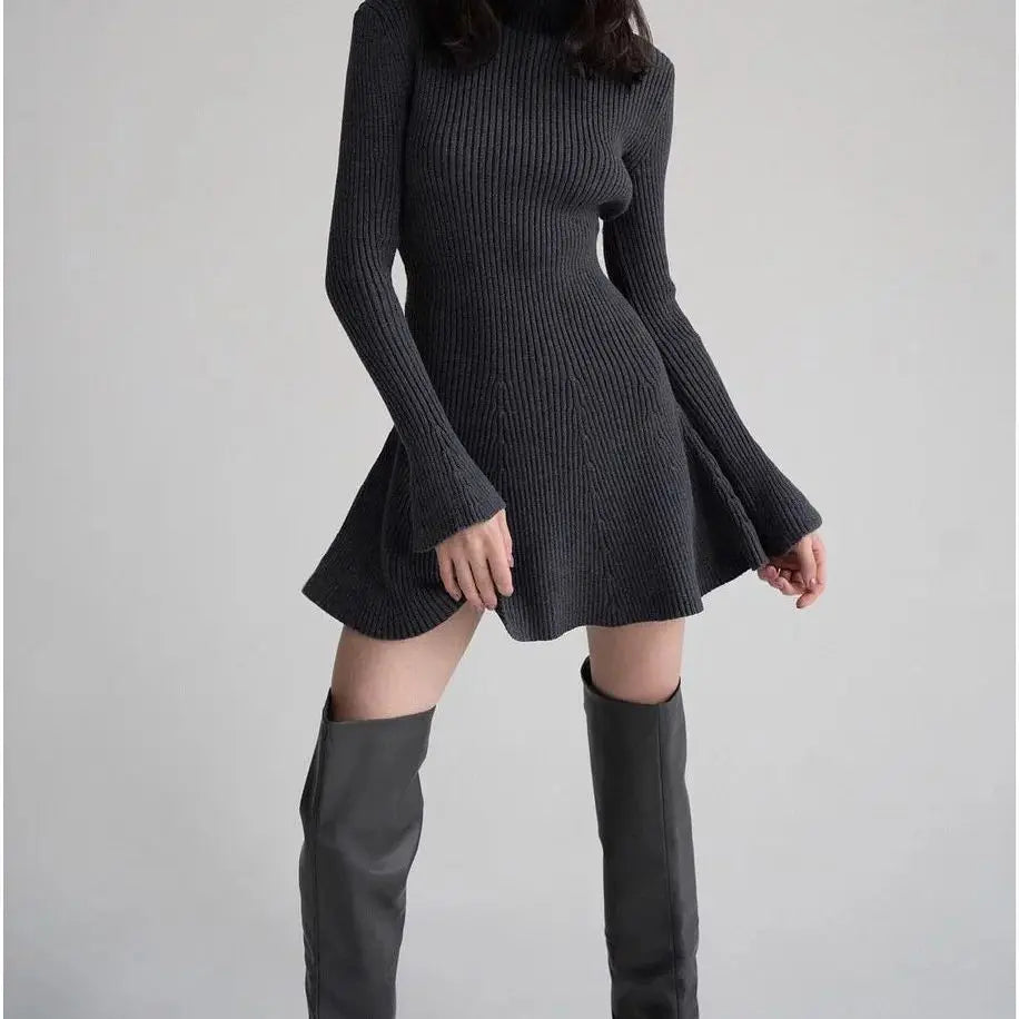 Elegant Women High Neck Knit Dress With Long Sleeve