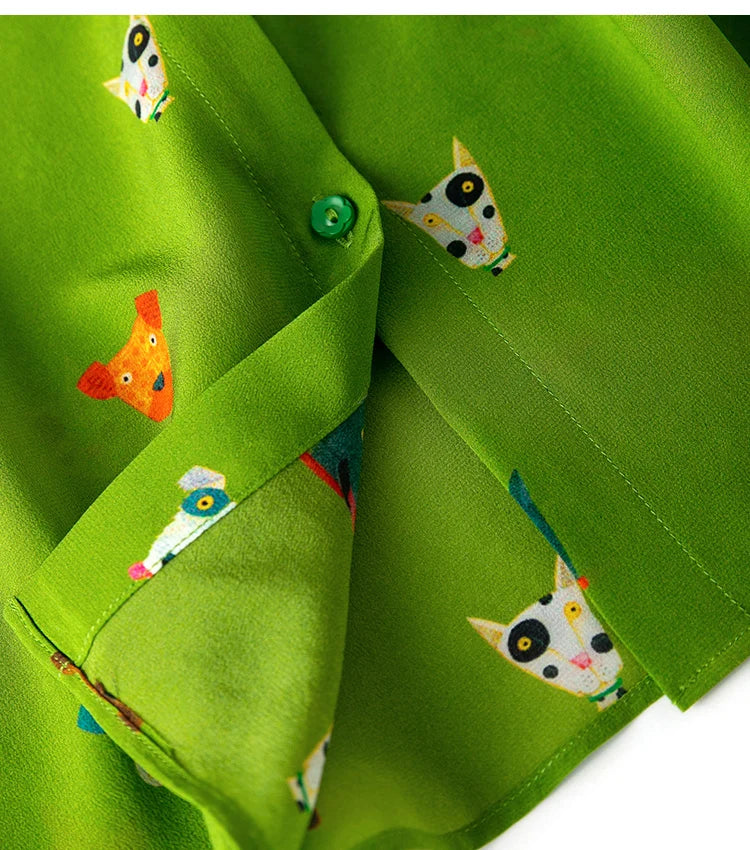 Women Shirt 100 Percent Mulberry Crepe Silk Green Lantern Sleeve Blouse with Cartoon Button Detail