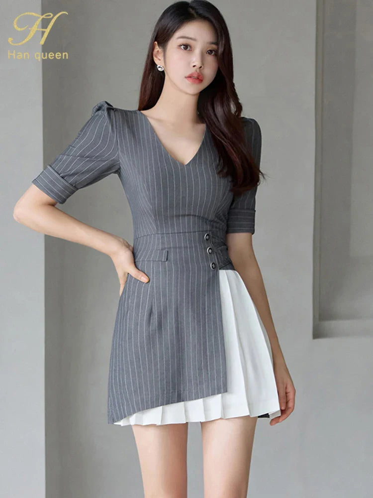 Vintage Elegant Striped Puff Sleeve Dress For Office Party