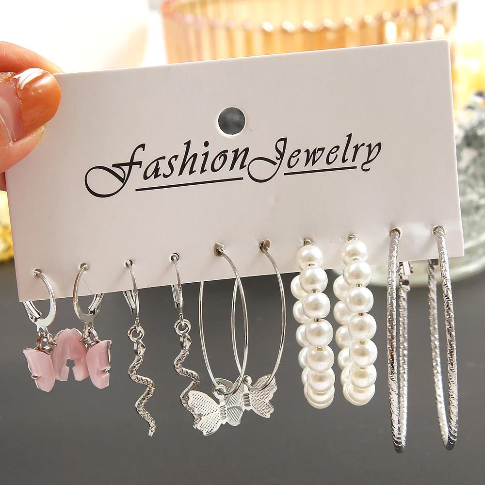Fashion Silver Color Round Pearl Hoop Earrings Set for Women with Snake and Butterfly Dangle Design