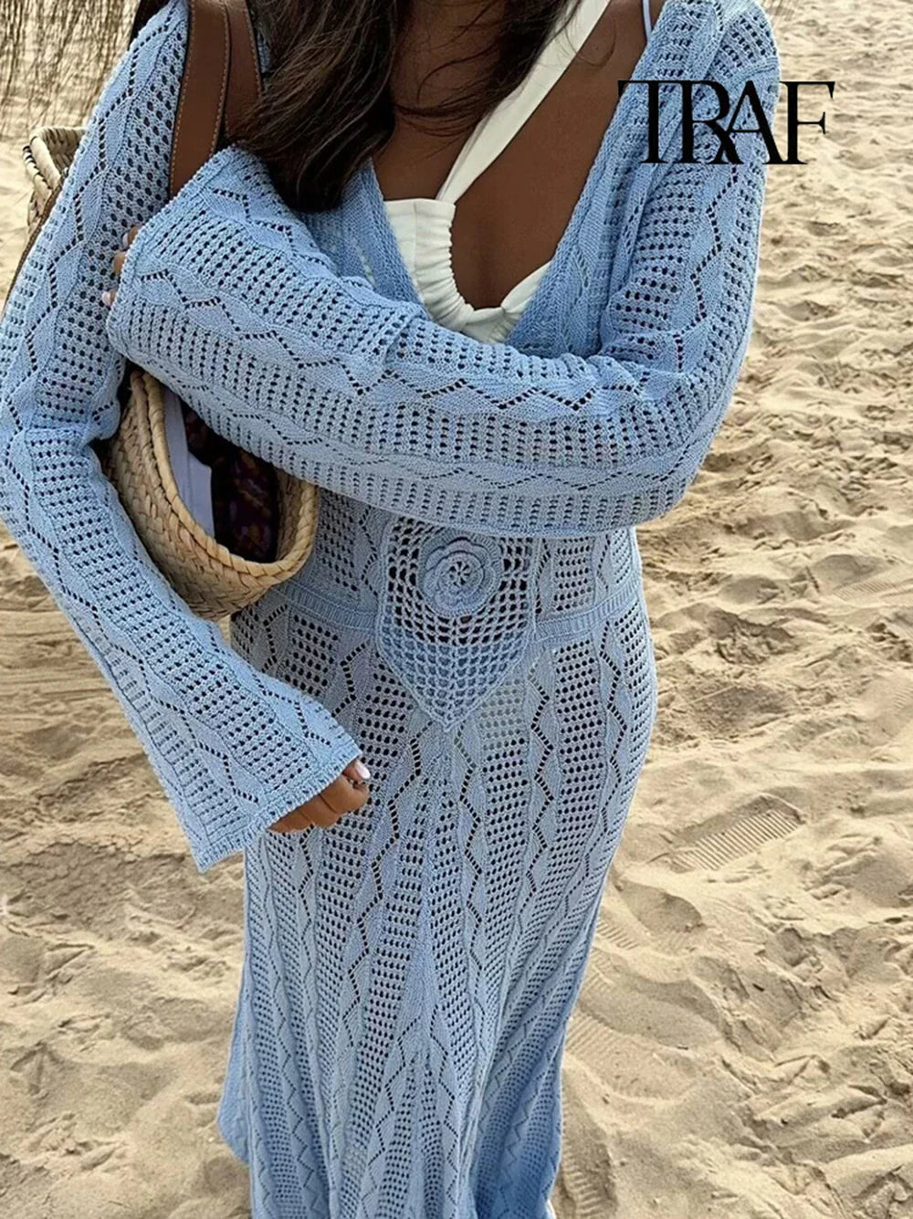 Blue Knit Beach Maxi Dress V Neck Long Sleeve Sheer