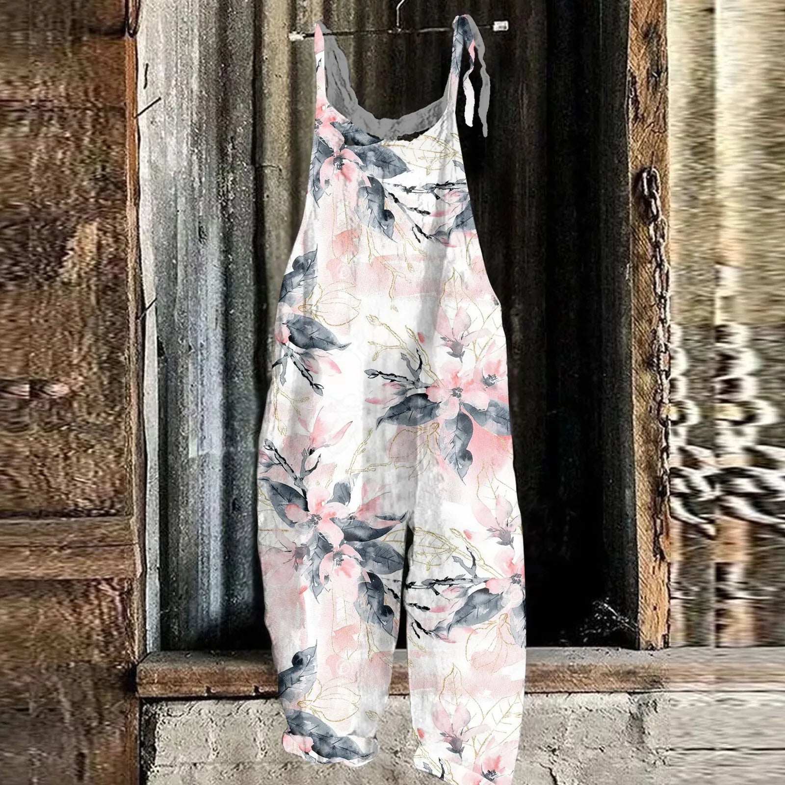 Women's Floral Print Cotton Linen Jumpsuit Loose Vintage Casual Shoulder Strap Romper