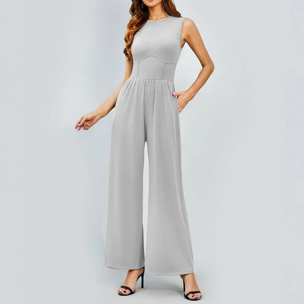 Women Sleeveless High Neck Ribbed Tank Top Jumpsuit Wide Leg Pants Romper with Tummy Control and High Waist Casual Summer Outfit