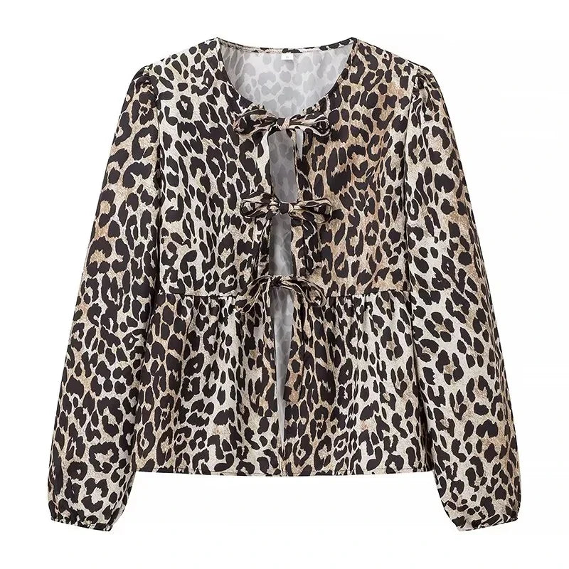 Women's Leopard Print Lace-Up Vintage Blouse Casual Loose Fit Y2K Chic Shirt