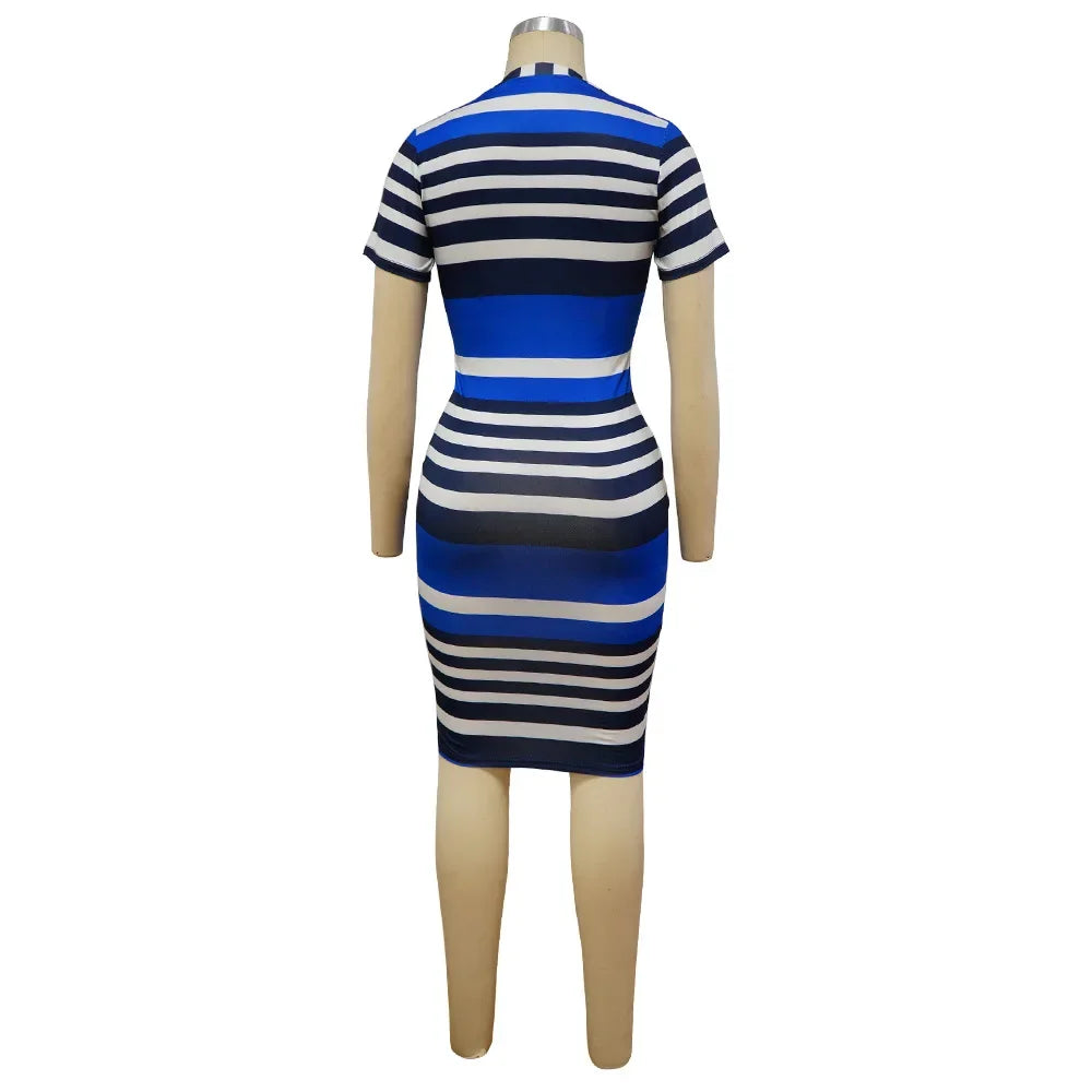 Summer Leaf Striped Print Bodycon Dress Knee Length
