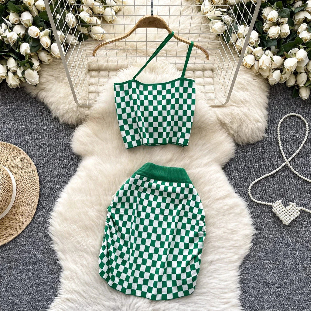 Women's Plaid Strapless Mini Top and High Waist Bodycon Skirt Set Casual Knitted Two-Piece Outfit