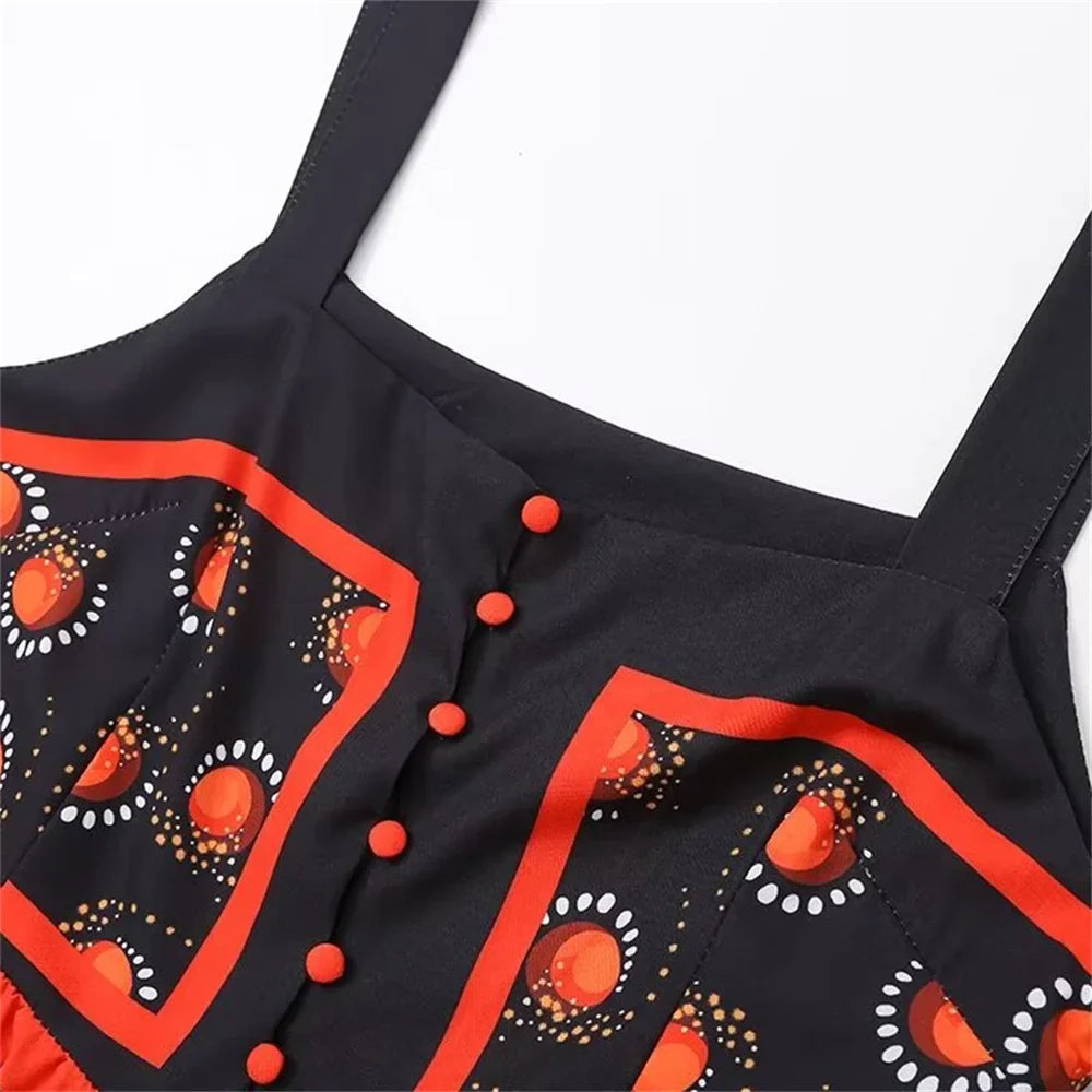 Autumn Womens Suspender Dress Printed Slim Fit Chic