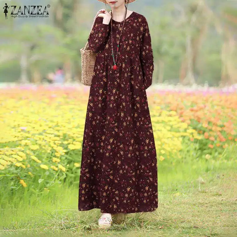 Boho Floral Print Maxi Dress With Long Sleeves Casual