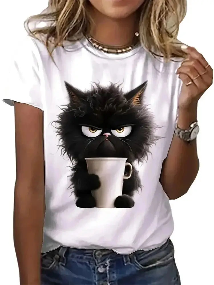 Funny Cat Print Summer T-Shirt for Women Casual Short Sleeve O Neck Top Animal Lover Apparel