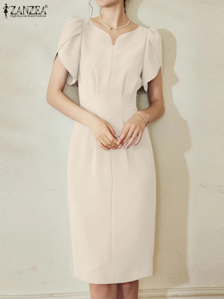 Solid Color Midi Dress With V Neck For Office Women
