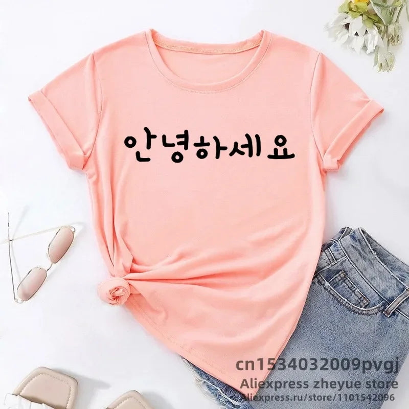 Korean Hangul Annyeonghaseyo Graphic T-Shirt for Women Kpop Fashion Short Sleeve Kawaii Summer Tee
