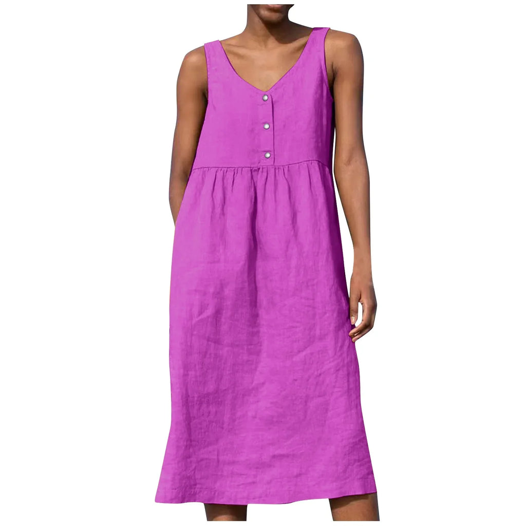 Boho Cotton Linen Sleeveless Dress For Women Summer Holiday