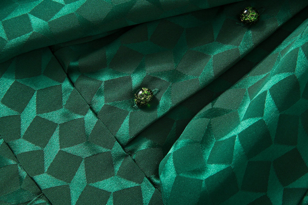 Elegant Green Pleated Long Sleeve Dress With Bow Collar