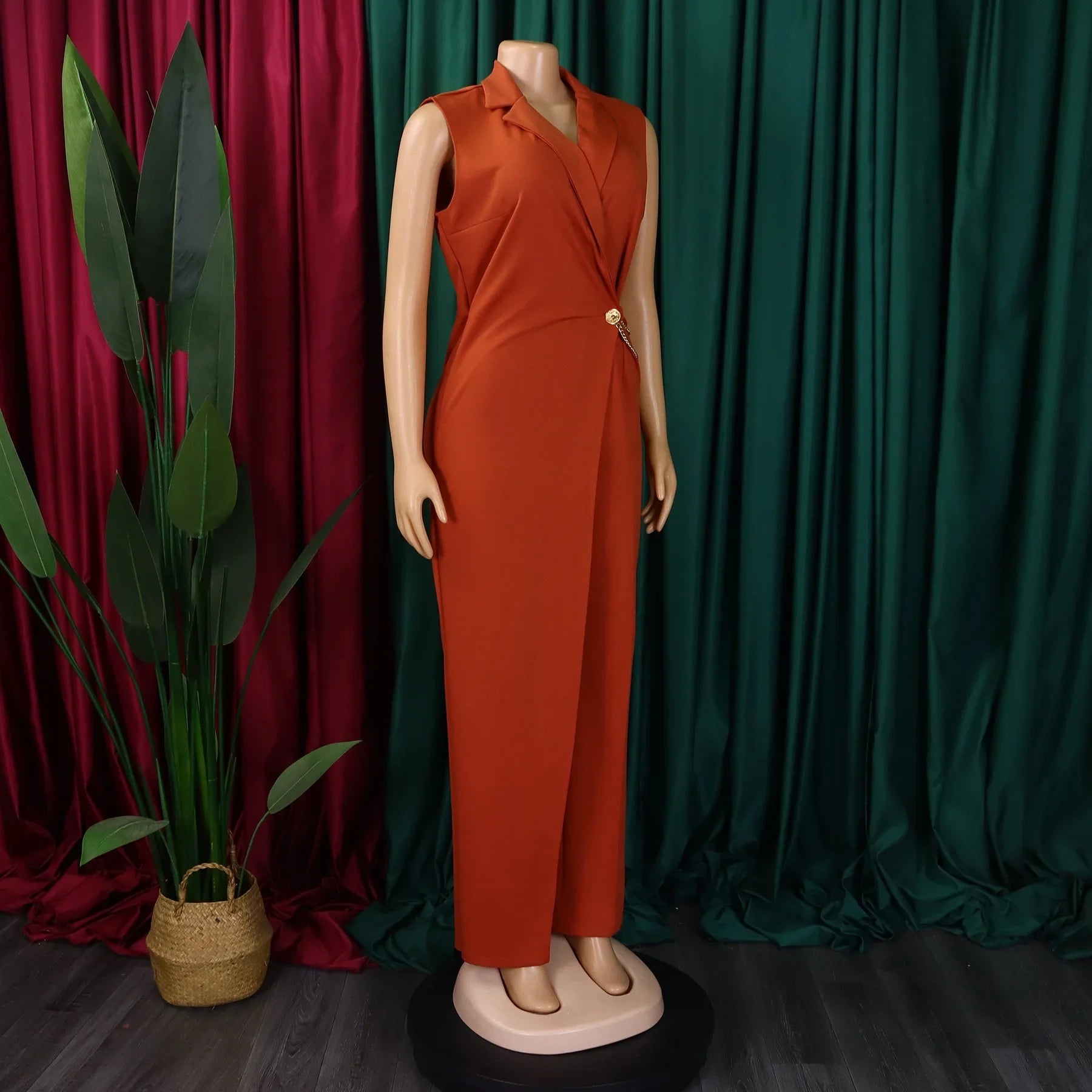 Elegant Sleeveless Jumpsuit with Turn Down Collar High Waisted V Neck Straight Leg Romper for Women Birthday Party Overalls