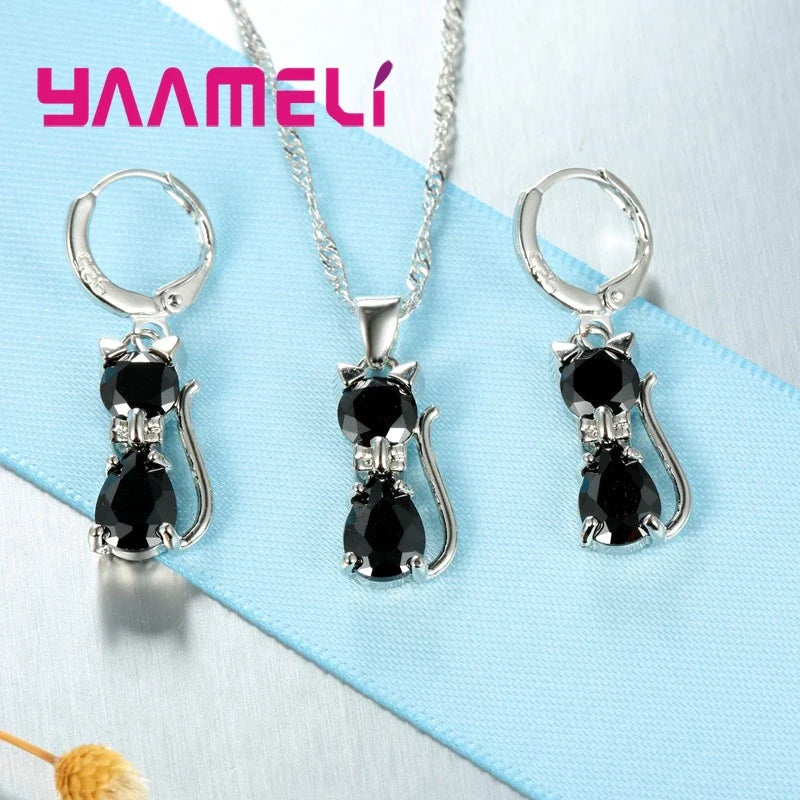925 Sterling Silver Cat Pendant Necklace and Huggie Earring Jewelry Set with Shining Austrian Crystal for Women and Girls