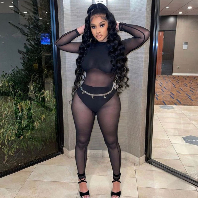 Sexy Black Transparent Mesh Jumpsuit for Women Elastic See-Through Bodysuit One-Piece Nightclub Outfit