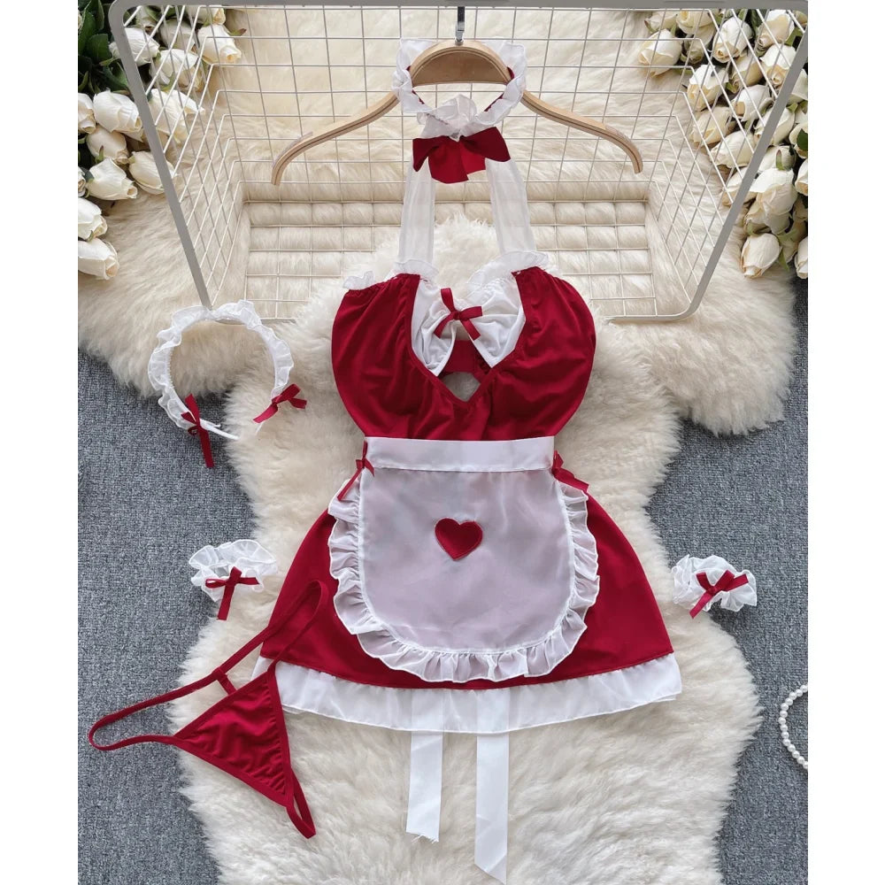 Maid Cosplay Nightwear Set Halter Hollow Out Thong