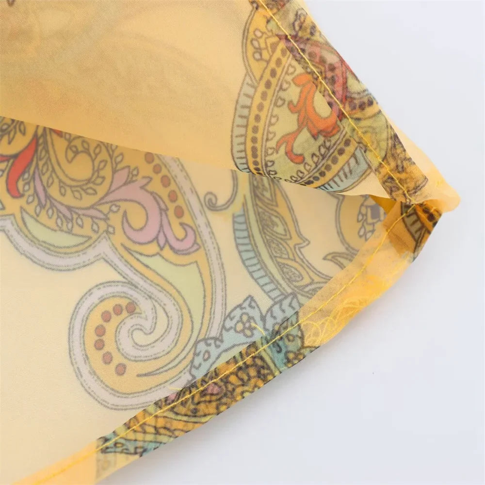 Womens Sheer Chiffon Blouse with High Neckline Puff Long Sleeves and Paisley Print Button Front Design