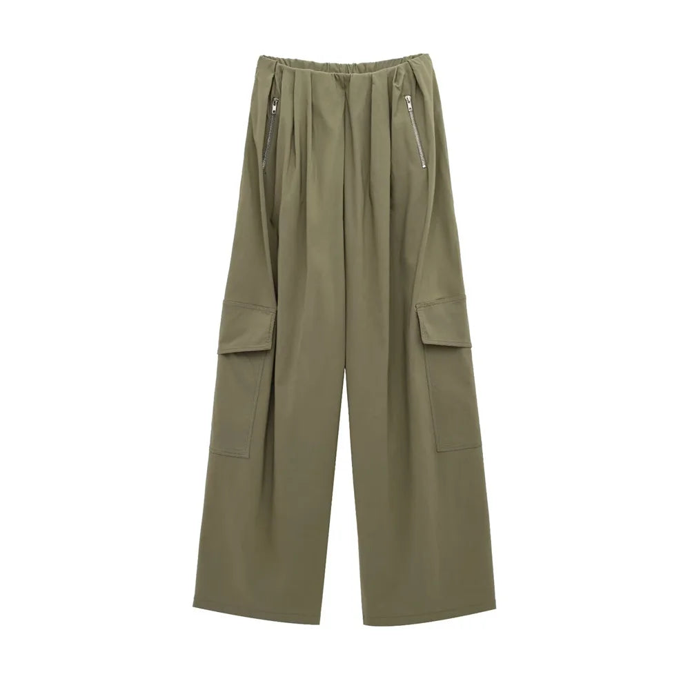 Olive Green Cowl Neck Asymmetric Zip Jacket with Elastic Waist Wide Leg Cargo Pants Set for Trendy Women's Fashion