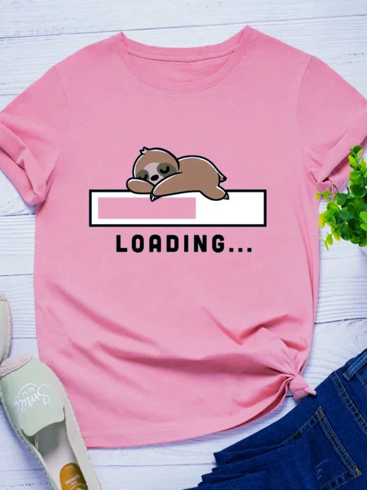 Loading Sloth Print Women T Shirt Short Sleeve O Neck Casual Tee for Ladies