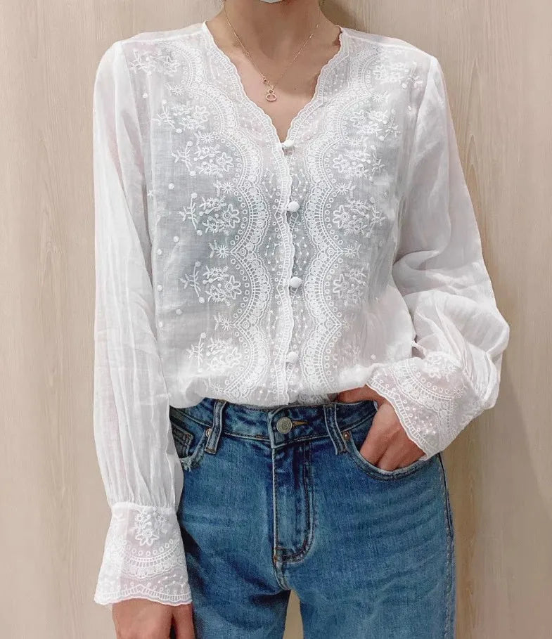 French Embroidery Flower Lace V Neck Linen Blouse Long Sleeve Loose Fit Elegant Sunscreen Shirt for Women Autumn Casual Top