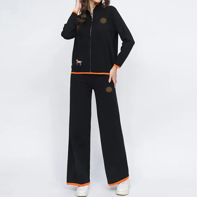 Autumn Embroidery Women Two-Piece Knit Set with Stand Collar Cardigan Sweater and High Waist Straight Pants