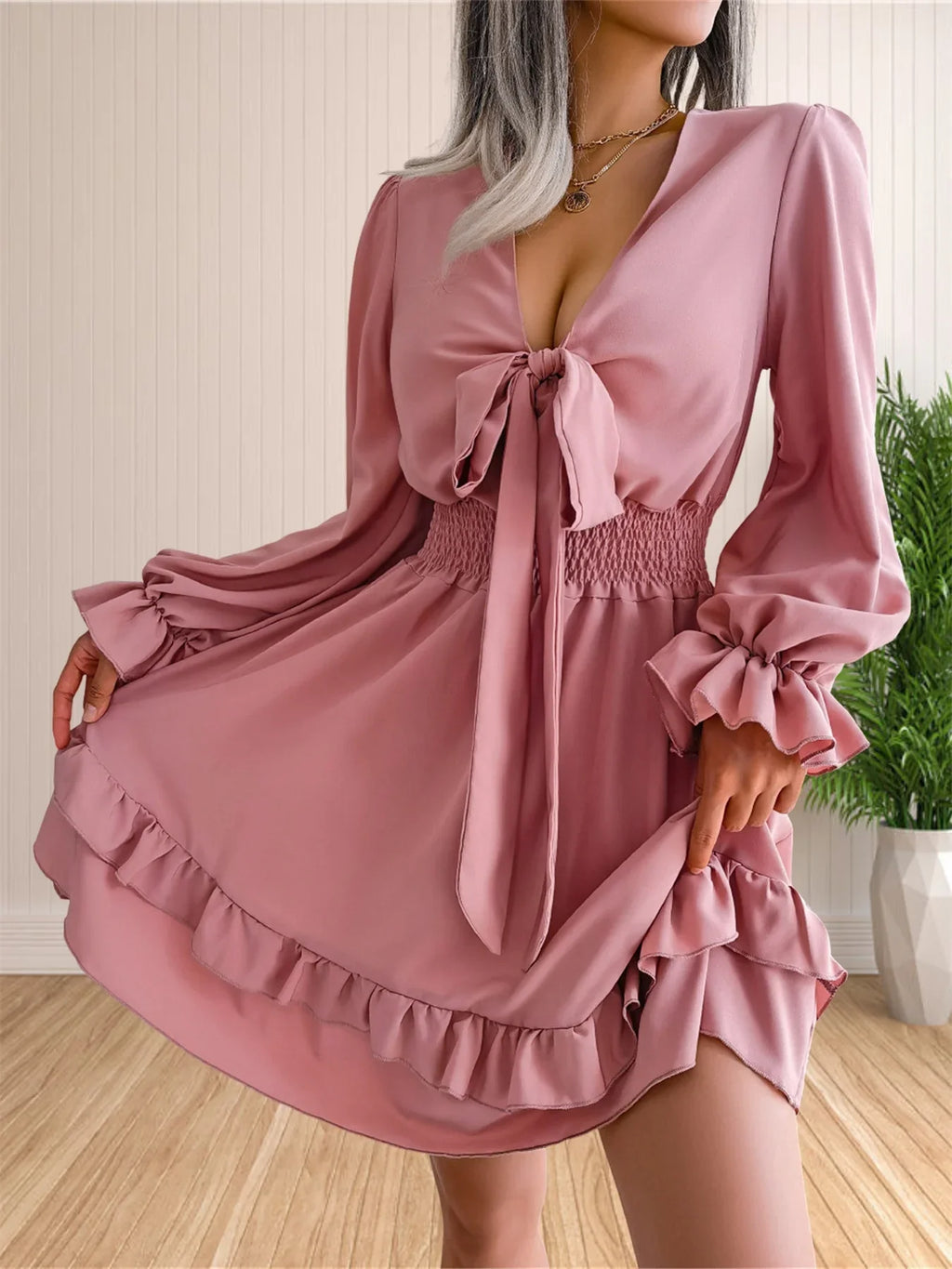 Womens V Neck Knot Front Smocked Waist Tiered Skater Dress