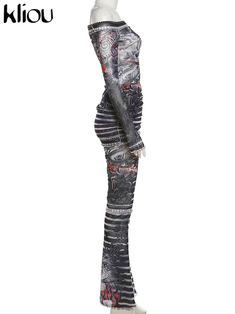 Mesh Trend Print 2 Piece Set for Women with Hipster Slash Neck Full Sleeve Top and Matching Slim Fit Pants