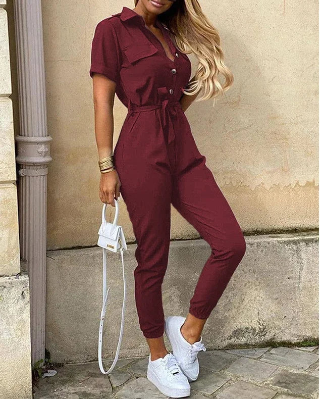 Casual Chic Overalls for Women Lapel Lace-Up Print Belted Work Jumpsuit One-Piece Bodysuit Elegant Long Sleeve Jumpsuit with Stylish Fit