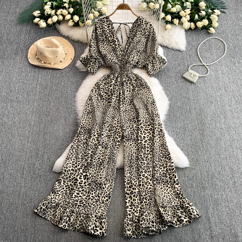 Women's Summer V-Neck Leopard Print Lace-Up Jumpsuit Short Sleeve Loose Fit Playsuit Overalls with Elegant Ruffle Detail